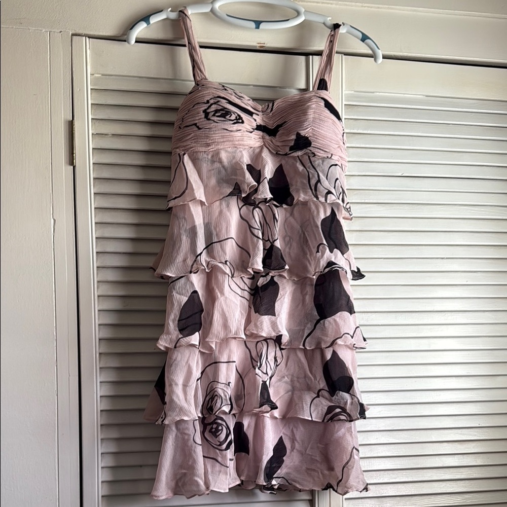 Sue Wong Pink and Black Floral Ruffle Dress, Size 4